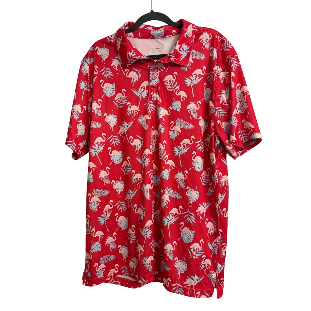 BCG Polo Shirt 2XL Red Flamingo, Tropical, Palm, Golf, Summer, Beach, Mens, Pink